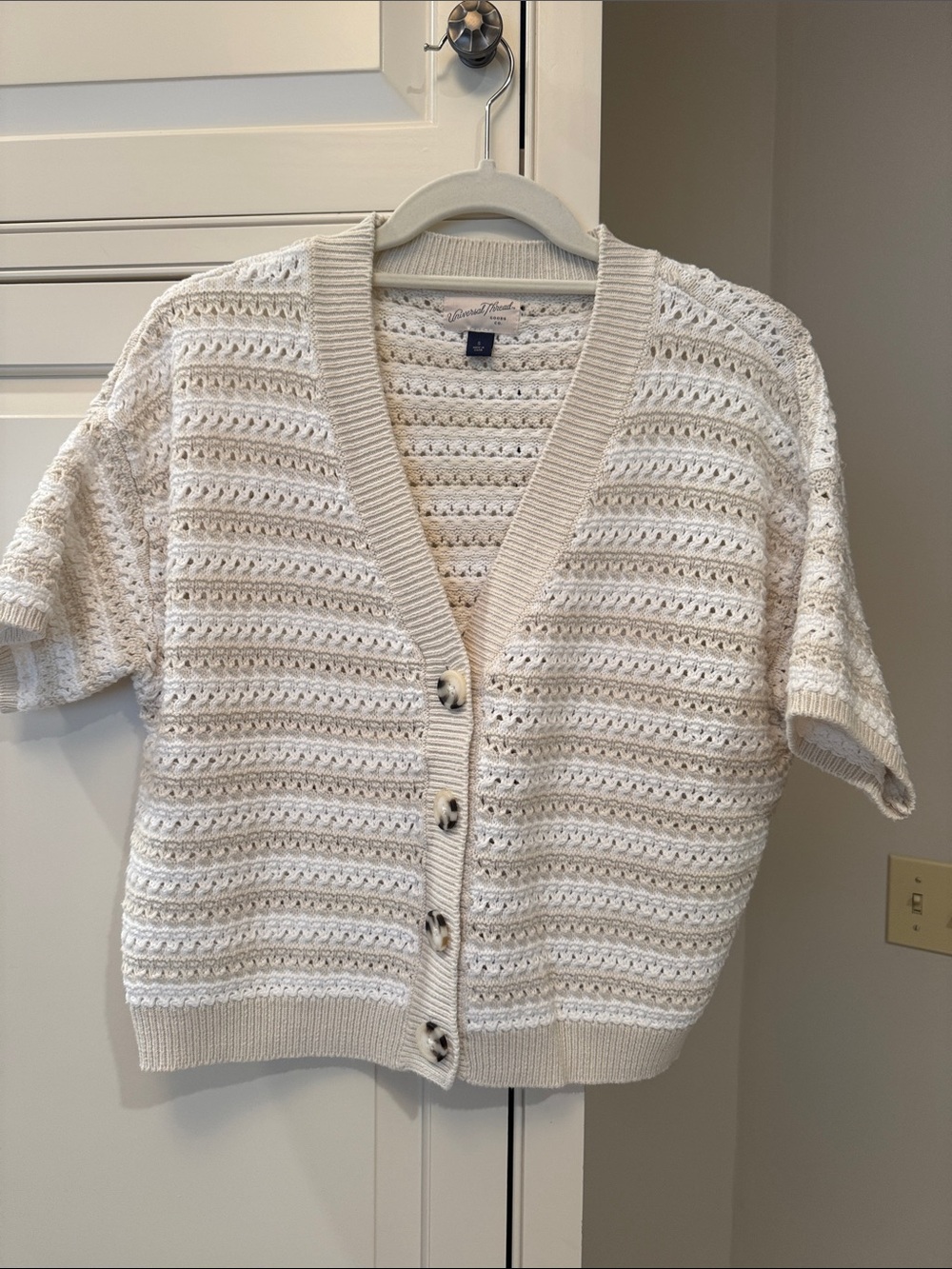 Universal Thread Cream Open-Knit Short Sleeve Button Cardigan